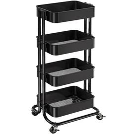 Pipishell 4 Tier Metal Rolling Utility Cart, Heavy-Duty Storage Rolling Cart with 2 Lockable Wheels, Multifunctional Mesh Organization Utility Cart for Kitchen Dining Room Living Room, PIUC13B