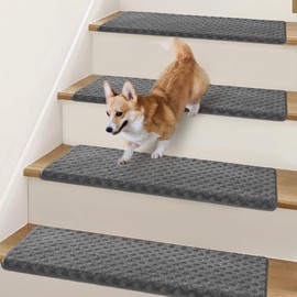 Bullnose Stair Treads Non Slip 9.5" x 32", 7 Pcs Carpet Stair Treads for Wooden Steps Indoor with Edge Protection, Reusable Peel and Stick TPU Backing Stair Runner Rugs - Lattice Pattern Grey