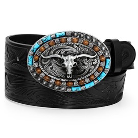 UpFind Western Leather Belt Cowboy Belt with Turquoise Buckle for Men Women Western Embossed Leather Belt for Jeans