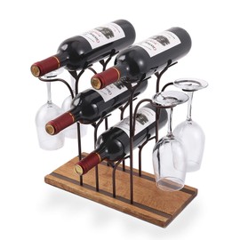 Tabletop Wood Wine Holder, Countertop Wine Rack, Hold 4 Wine Bottles and 4 Glasses, Perfect for Home Decor & Kitchen Storage Rack, Bar, Wine Cellar, Cabinet, Pantry, etc, Wood & Metal (Bronze)