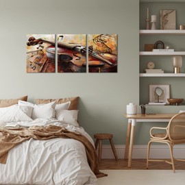 sechars 3 Pieces Music Wall Art Abstract Violin Painting Canvas Prints Rustic Musical Instrument Artwork for Home Living Room Bedroom Music Classroom Vintage Decoration Ready to Hang (Small)