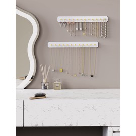 NiHome Wall Mounted Acrylic Jewelry Organizer 2-Pack, Durable Sleek Rack Strong Carbon Steel Hooks for Dressing Table, Bathroom, Kitchen, Hassle-Free Installation Multiple Mounting Options (White)