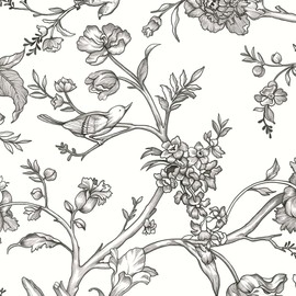 Safiyya Wallpaper Floral Birds Peel and Stick Wallpaper Black and White Contact Paper Self Adhesive Clearance Wall Paper Modern for Bedroom Vinyl Rolls 196"x17.3"