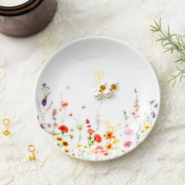 Crisky Initial Jewelry Tray Ring Dish & Gift Box, Ceramic Flower Trinket Dish for Rings Earrings Necklaces Keys, Bridal Shower Engagement Birthday Gift for Women, Friends 4.57" (Gold Foil Y