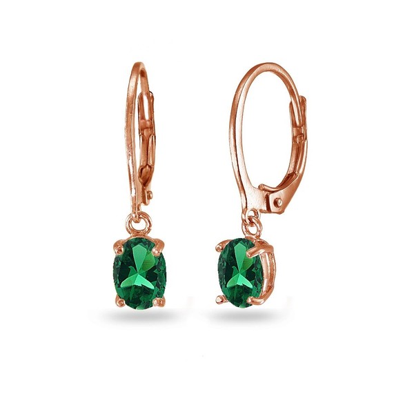 Rose Gold Flashed Sterling Silver Created Emerald 7x5mm Oval Leverback