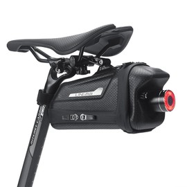 LINGMAI Bicycle Saddle Bag, Fully Waterproof, with Tail Light, Nylon Material, Carbon Pattern Hard Case, 22cm*10cm*8cm, 249g
