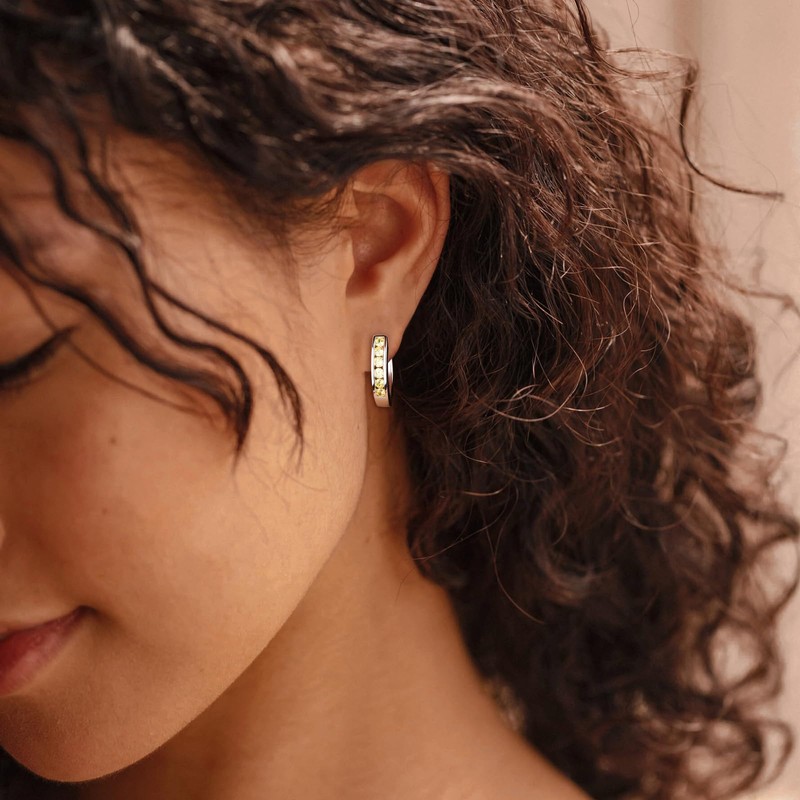 RANDES 925 Sterling Silver Citrine Small Hoop Earrings Yellow Diamond