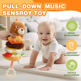 Jollybaby Baby Musical Pull String Hanging Toys for Stroller Car Seat Crib Play Gym, Plush Stuffed Hamburg Bear Toy for Carseat with Music Teether Crinkle, Sensory Toy for 0-6-12-18 Months Baby Gifts