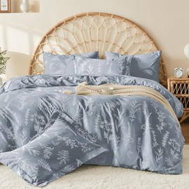 MUXHOMO Light Grey King Comforter Set, Elegant Floral Print Bed in a Bag 7 Pieces, Ultra Soft & Breathable Reversible Botanical Pattern Bedding Set with Comforter, Sheets, Pillowcases, and Shams