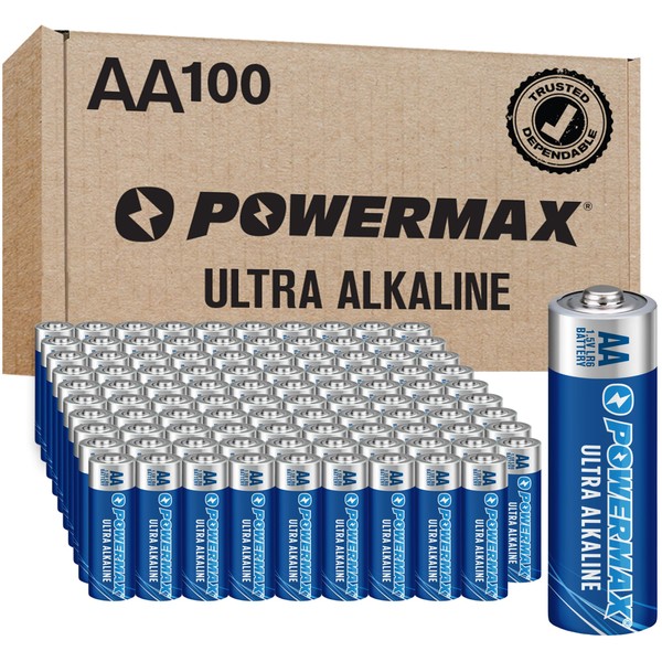 Powermax 100-Count Double AA Batteries, Ultra Long Lasting Alkaline Battery