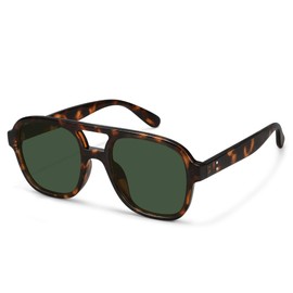 Fozono Retro Aviator Sunglasses Women UV Protection Trendy Vintage Square Aviators Double Bridge Sun Glasses Tortoise Frame/Dark Green Lens