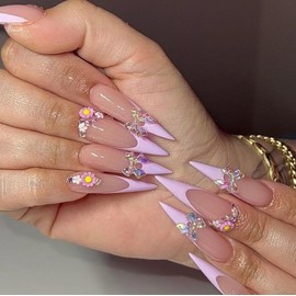 NNIPRAIYE French Tip Press on Nails Long Length with Coquette and Floral Design - 3D Acrylic Fake Nails Full Cover False Nails Natural Presson on Nail Stick on Nails for Women 24 Pcs