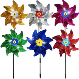Colorful Sparkly Reflective Pinwheels with Stakes, Foil Pin Wheel Holographic Whirl Windmill for Yard Garden Decor Garden Wind Spinners Outdoor Bird Scare Devices 6 Packs