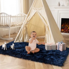 Ashler faux fur rug, Fluffy Shaggy Area Rug Ultra Soft 3 x 5 Feet Rectangle Fur Rug Navy Blue Fuzzy Rug Machine Washable Shag Rug, Nursery Decor Throw Rugs for Bedroom, kids room, Living Room