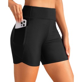 Daci Women Black High Waisted Swim Shorts - 5" Bathing Suit Short with Pockets Liner Tummy Control Swimsuit Bottom Boy Shorts S