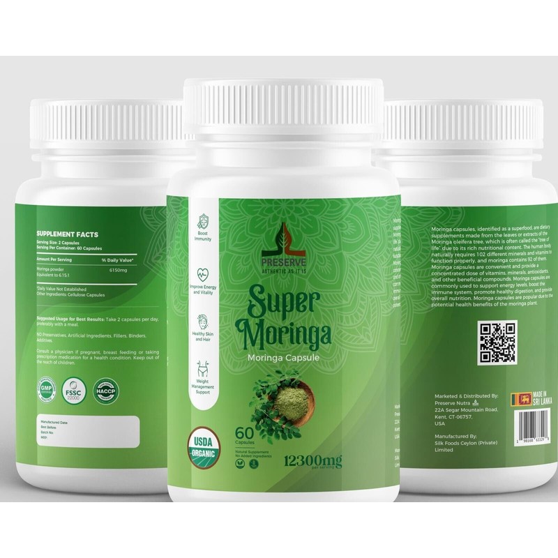 PRESERVE Organic Moringa Capsules 12,300mg 100% Vegetarian Green Super food