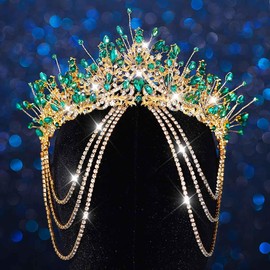 Kilshye Green Rhinestone Queen Crown Gold Crystal Wedding Crowns and Tiaras Festival Costume Hair Accessories for Women (Green, One Size)