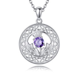 DAYLINLOVE Scottish Thistle Chain 925 Sterling Silver Amethyst Scottish Celtic Knot Pendant Necklaces Scottish Thistle Jewellery Scotland Gifts for Women Girls, Sterling Silver