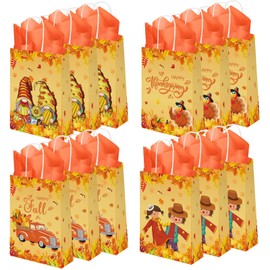 MEHOFOND Thanksgiving Gift Bags with Handles, Fall Leaves Treat Bag with Tissue Paper, Pumpkin Turkey Goody Bags,Thanksgiving Treat Bag, Autumn Pumpkin Candy for Kid Thanksgiving Fall Party Supplies 24Pcs