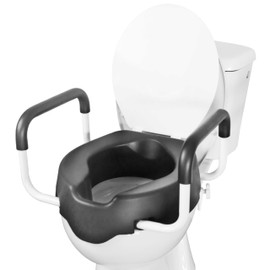 KMINA - Raised Toilet Seat with Handles 4 inch (Fits Round and Elongated up to 15"), Lid, Black