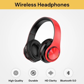 EZONEDEAL V5.0 Bluetooth Headphones Over The Ear Volume Control Memory Earmuffs - Wireless Headphones with Mic and Hi-Fi Sound Stereo, Gaming Headphones Wireless for PC (RED)