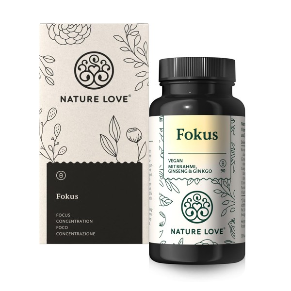 NATURE LOVE® Focus - 90 Capsules - With Ginseng, Ginkgo, Brahmi and Choline - High Dose: 50:1 Ginkgo Biloba Extract & Bacopa Monnieri with 50% Bacosides - Vegan, Laboratory Tested, Produced in Germany
