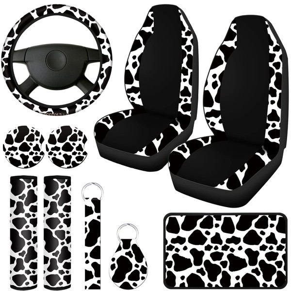 Cow Print Car Accessories Car Seat Cover for Women Men Cow Rubber Steering Wheel Cover Car Cup Holders Keyring Armrest Pad Seat Belt Pads Wrist Strap for Most Car, SUV (Patchwork Pattern)