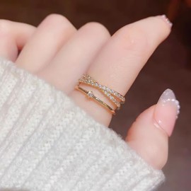 Hothrty Women's Ring, Loiqua, Cross, Zirconia, Stainless Steel, 2 Row Style, Gold, Silver, Pink Gold, Stylish, Simple, Hypoallergenic, Gift Box Included, Stainless Steel, Zircon