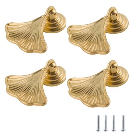 SPDYCESS 4 PCS Ginkgo Leaf Shape Kitchen Drawer Knob, Gold Brushed Single Hole Drawer Cupboard Knobs Drawer Knobs Pulls Handles Decorative Furniture Handle for Wardrobe Cupboard Closets