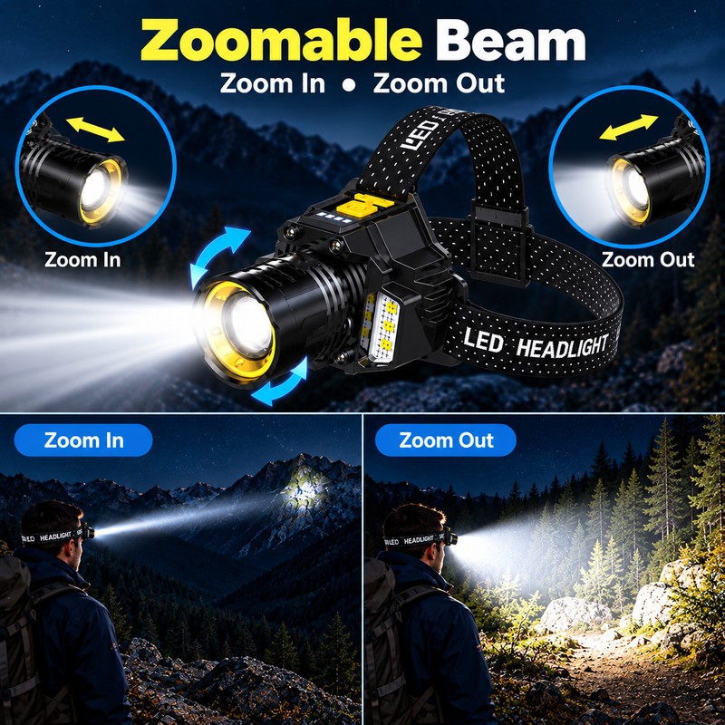 Rechargeable LED Headlamp for Outdoor Use – Motion Sensor Zoomable