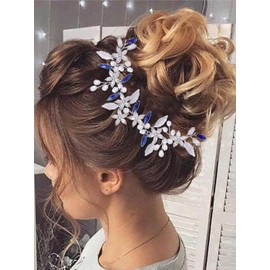 IYOU Bridal Wedding Hair Vine Blue Flower Hair Accessories Crystal Pearl Headband Bride Bridesmaid Headpiece for Women