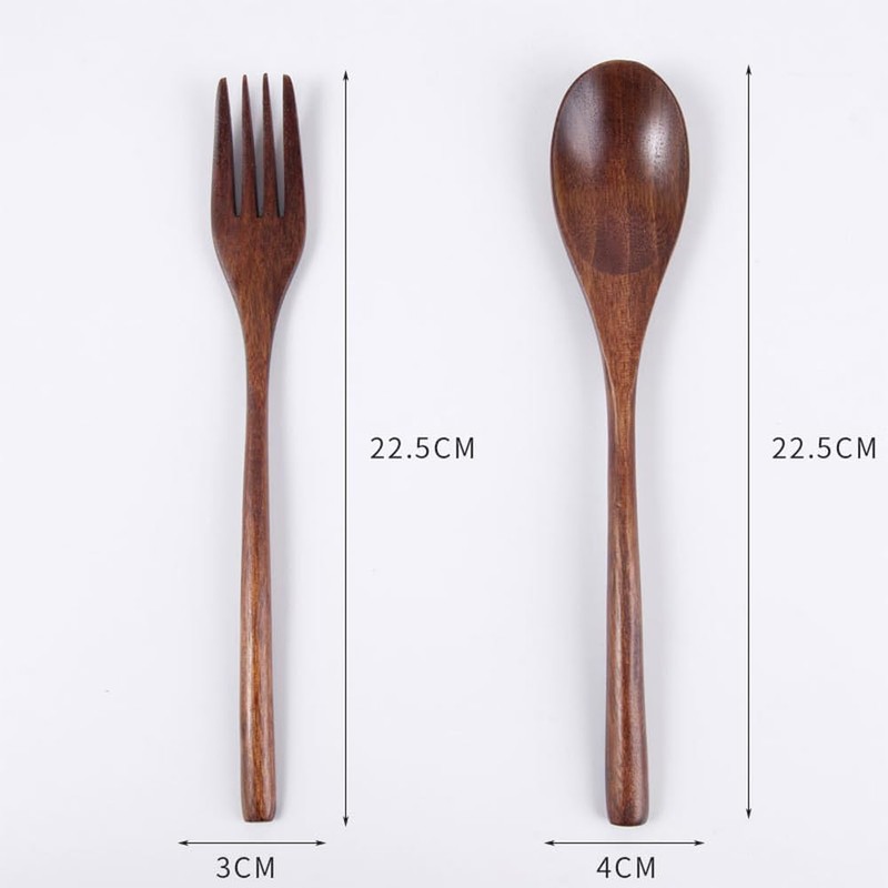 DFsucces Spoon Fork Cutlery Set, 4 Pieces, Natural Wood, Length
