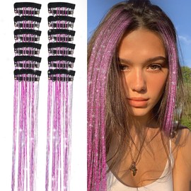 12Pcs Hair Tinsel, 20.5 Inch Clip in Hair Extension Purple Hair Tinsel Fairy Hair Tinsel Kit Purple Hair Extensions Clip Glitter Hair Extension for Women Girls Party Hair Accessories