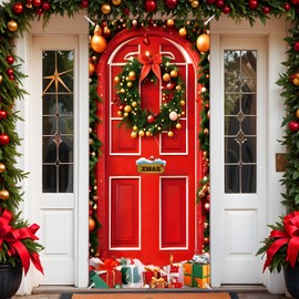 Christmas Door Cover Decoration, Merry Christmas Red Door Cover Backdrop Xmas Party Door Cover Banner Photography Background Holiday Door Hanging Cover for Home Wall Indoor Outdoor Party New Year