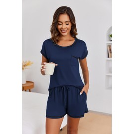 Ekouaer Womens Pajama Sets Soft Short Sleeve Sleepwear Two-Piece Lounge Set with Pockets Casual Round Neck Pjs Navy Blue Medium