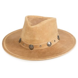 Minnetonka Buffalo Nickel Hat - Wide Brim Hat Featuring Distressed Ruff Leather, Studs and Unique Buffalo Nickel Metal Accents and Hidden Steel Wire in Brim, Tan, Large