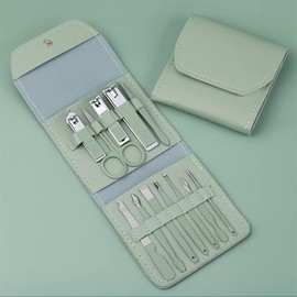 12Pcs Stainless Steel Manicure Pedicure Set, Nail Clippers Nail Care Tools Grooming Kit with Travel Leather Case (Green)