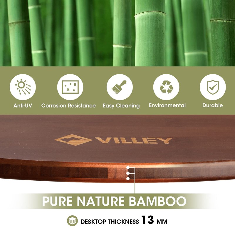 VILLEY Bamboo Round Folding Table, Camping Half-fold Portable Table with