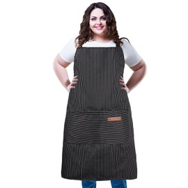 XIEJINJIA 2 Pack Adjustable Apron with Pockets Chef Kitchen Restaurant Cooking Baking Gardening for Women Men Black Pinstripe/Blue Pinstripe