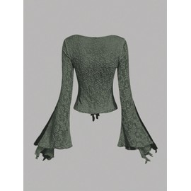 Verdusa Women's Y2K Tie Front Tops Bell Sleeve Floral Print Mesh Tops Long Sleeve Shirts 2000s Clothing Army Green X-Small