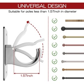 6PCS No Drill Curtain Brackets, Self-Adhesive Rod Holders, Universal Plastic Nail Free Adjustable, Curtain Hooks for Rods Less Than 1.57 Inch Diameter (Sliver)