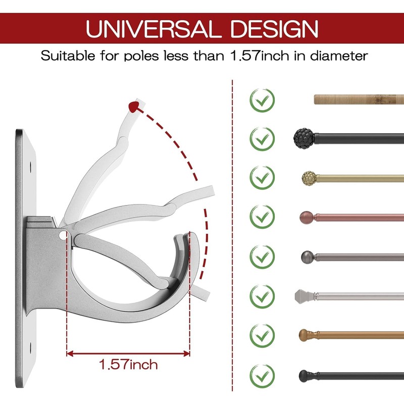 6PCS No Drill Curtain Brackets, Self-Adhesive Rod Holders, Universal Plastic