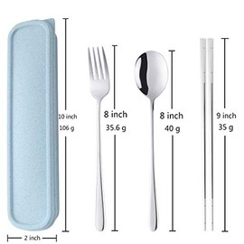 Portable Travel Flatware 3PCS Spoon Fork Chopsticks Set 18/10 Stainless Steel with Case and Bag for School Work Office lunch (Silver)
