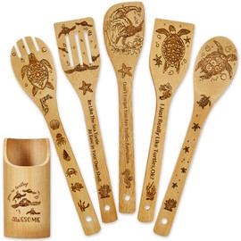 Wimabuden Sea Turtle Gift Bamboo Wooden Spoons for Cooking with Wooden Holder Ocean Beach 6-Piece Coastal Kitchen Utensil Set for Home Decor for Housewarming Wedding Gift for Women Men(Sea Turtle)