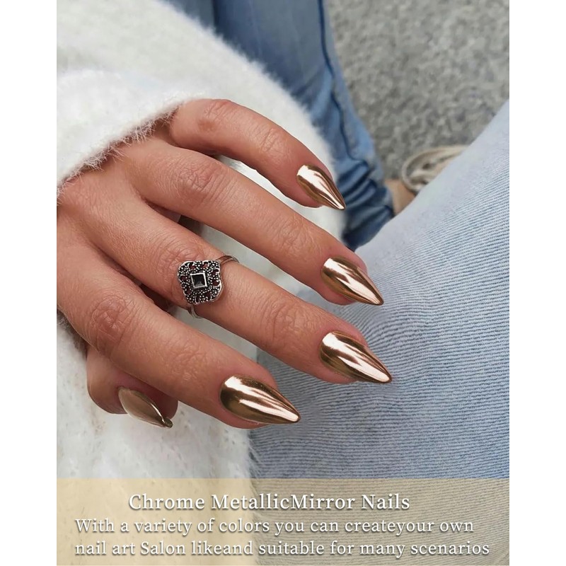 LOZTBUE 24 Medium Nails Light Bronze Chrome Apricot Mirrored Metal