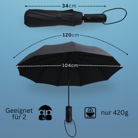 drytogo Storm Proof Umbrella with Travel Case I Pocket Umbrella Large Diameter 105 cm I Umbrella Automatic Open and Close I Pocket Umbrella Windproof for 2 People I For Men and Women I, black