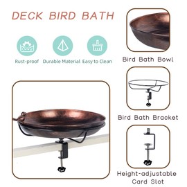 DREAMSOUL Deck Mounted Bird Bath with Adjustable Sturdy Metal Clamp, Bowl Bird Baths for Outdoors Garden Balcony Patio Deck Railing Decoration, Lightweight & Detachable