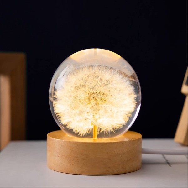 MARZIUS Flower Crystal Ball Night Light 6cm Glass Ball Night Lamp with Wooden Base Decorations Gifts for Men Women Kids Boys Girls Teens (Dandelion)