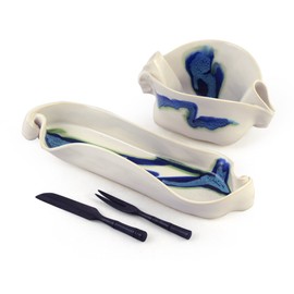 Aurora Collection 2-Piece Handmade Pottery Hors d'oeuvre Appetizer Serving Dish Set in Blue White