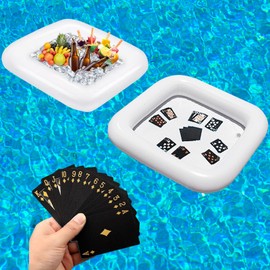 MUYPATY 2 PCS Floating Pool Game Table with Waterproof Playing Cards for Summer Pool Party，Inflatable Ice Drink Cooler Serving Tray Bar for Pool Beach Outdoor Picnic Birthday Party Supplies